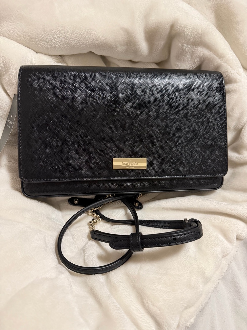 Kate Spade Black Saffiano Crossbody with Gold Plaque